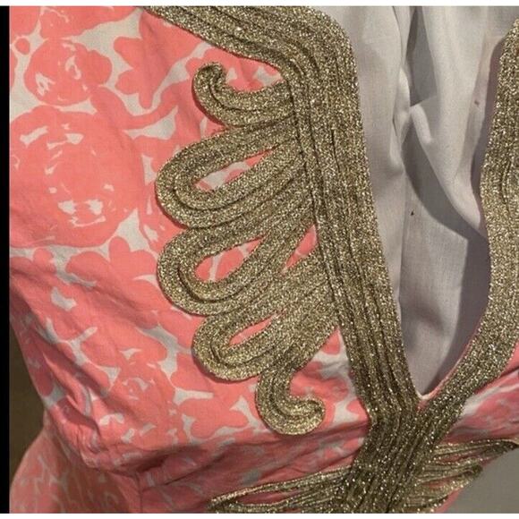 Lilly Pulitzer Janice Coral Pink White Shift Dress Gold Embroidered V Neck Sz 2 - Picture 8 of 11